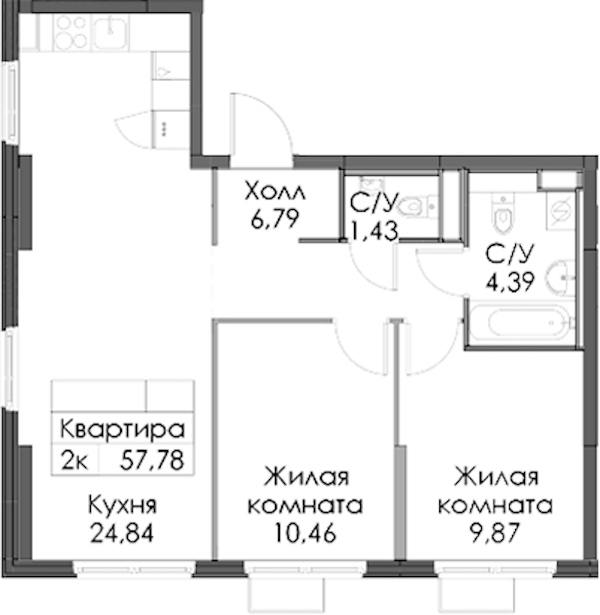 2-комнатная квартира 57.78 м², 8/12 эт., ЖК «Таллинский парк»